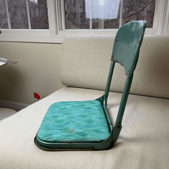 Vintage 1950s Teal Folding Stadium Chair w/ Aqua Mod Print Cushion - Picture 2 of 7